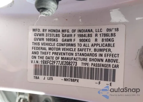 2018 Honda Civic Ex z USA, uszkodzony, nr VIN 19XFC2F77JE208273